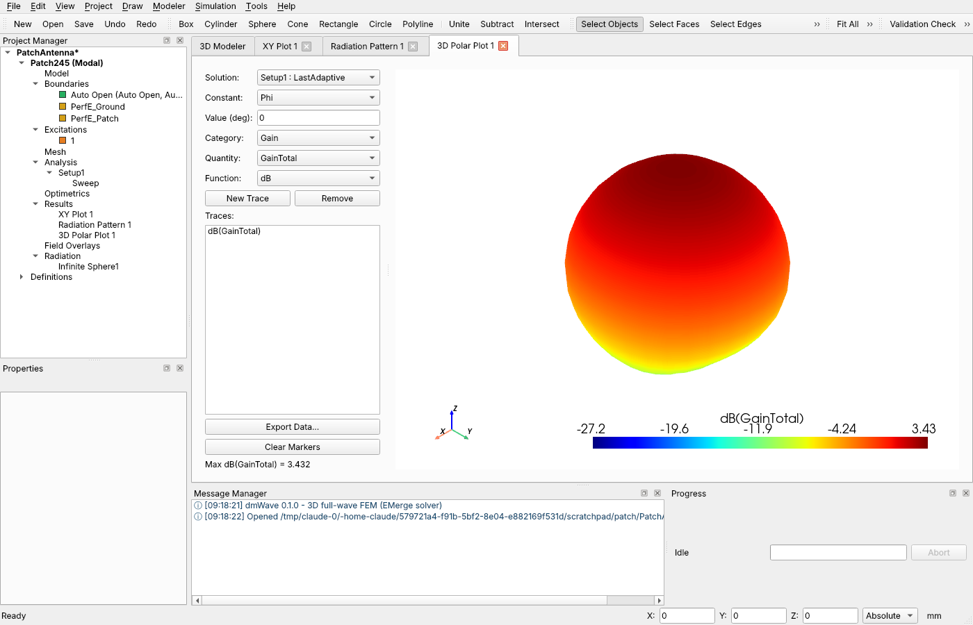 3D gain pattern of a patch antenna simulated in Hertzon